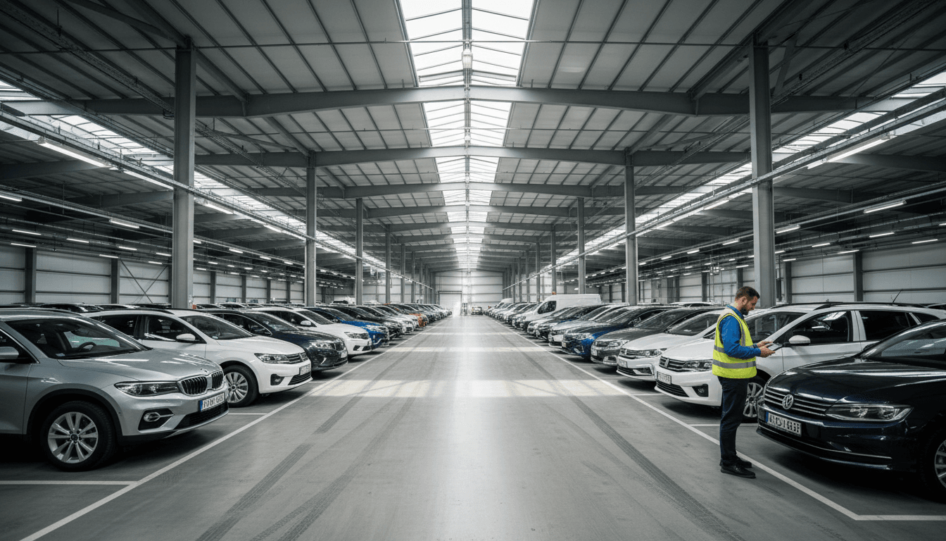 Modern vehicle storage facility with organized vehicles and logistics coordinator managing inventory