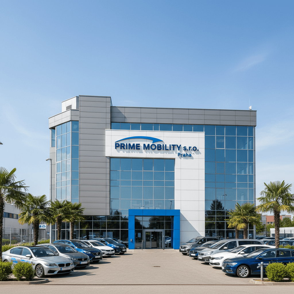 Prime mobility s.r.o. facility entrance in Prague with vehicle inventory visible