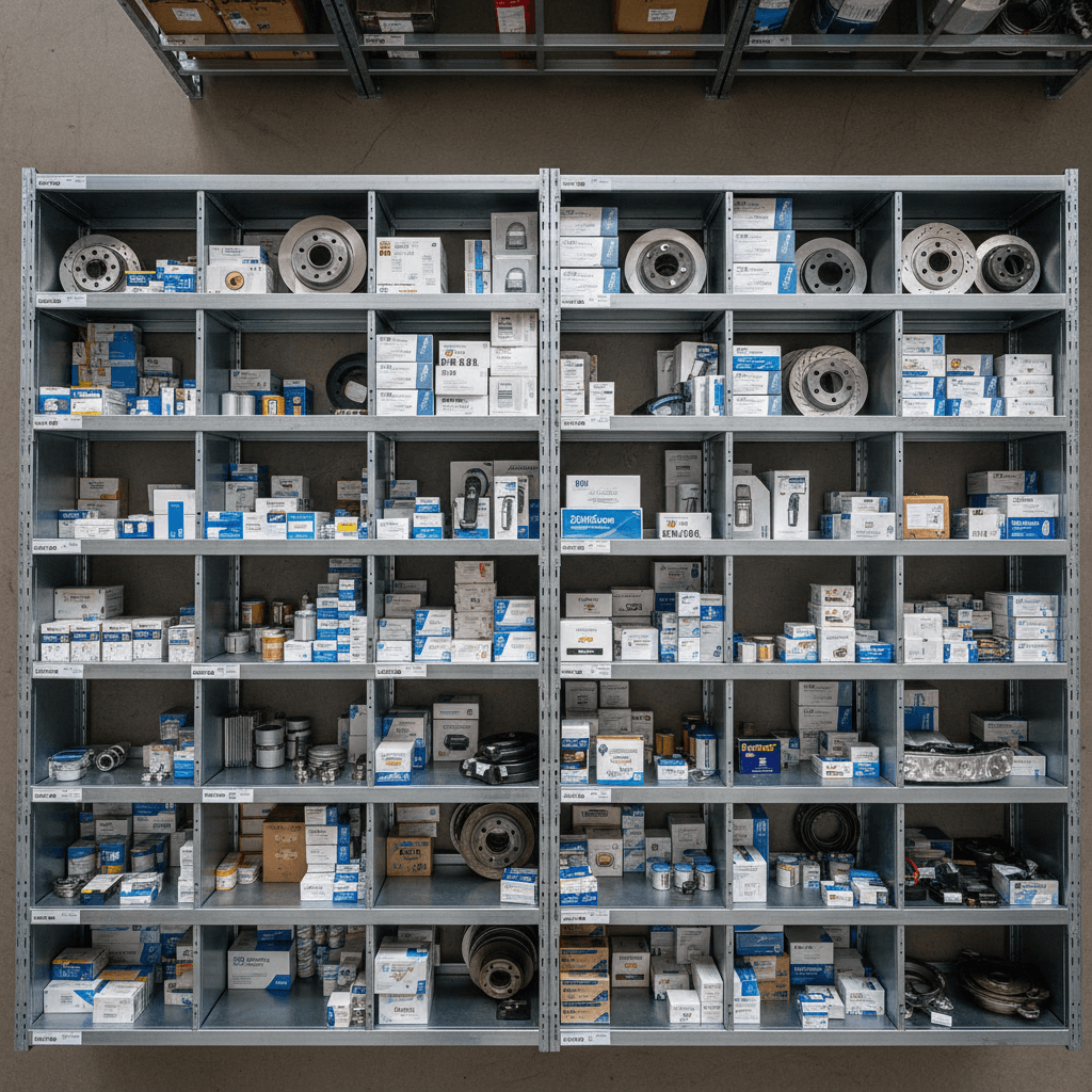 New automotive spare parts and accessories in organized warehouse inventory