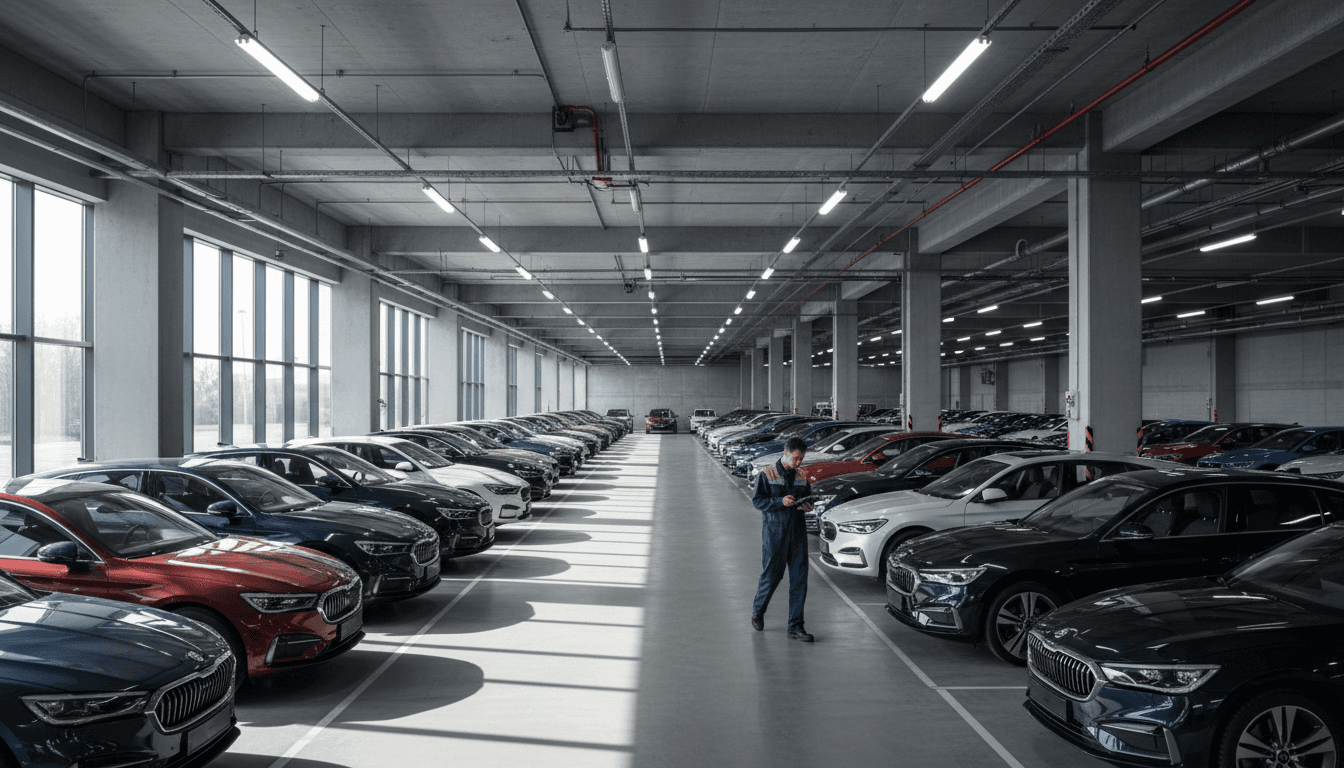 Prime mobility vehicle storage facility in Prague showing organized rows of prepared vehicles ready for sale or transport