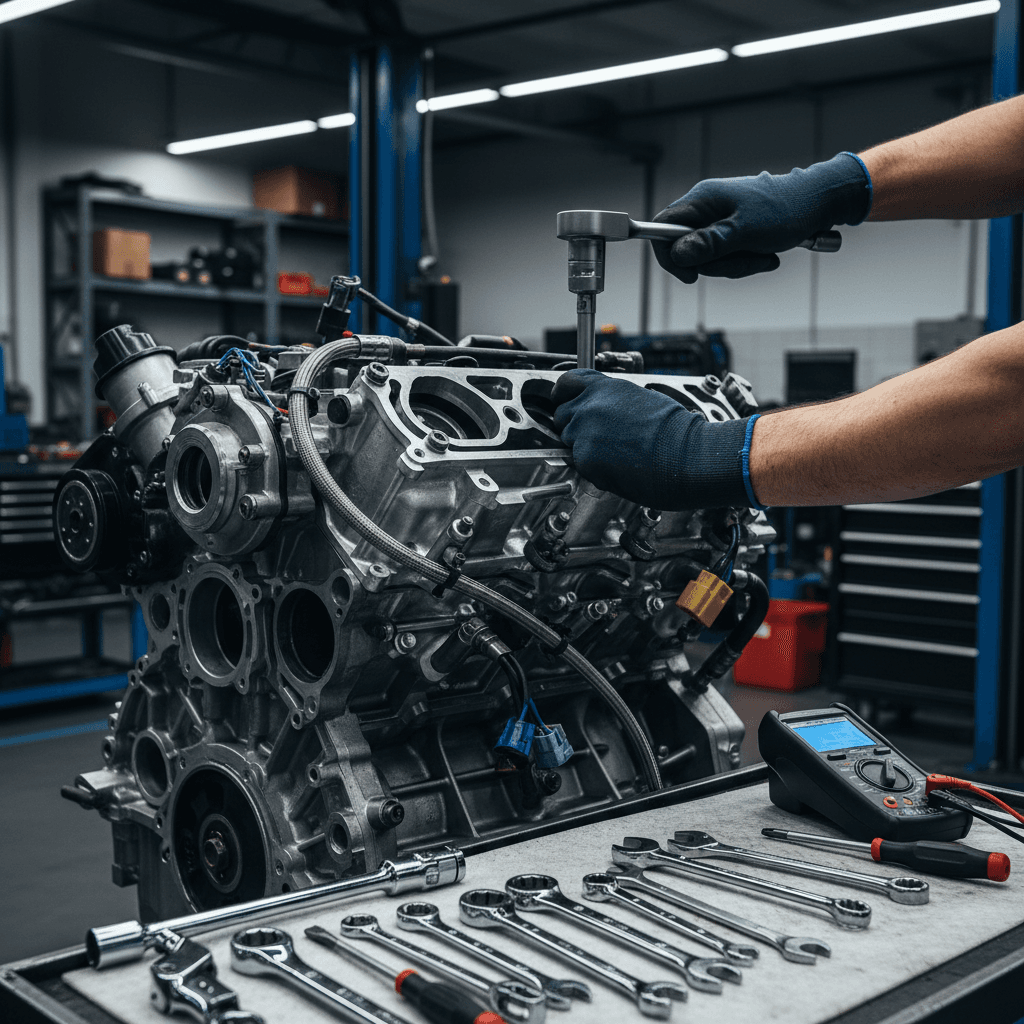 Mechanic performing detailed vehicle maintenance and repair work