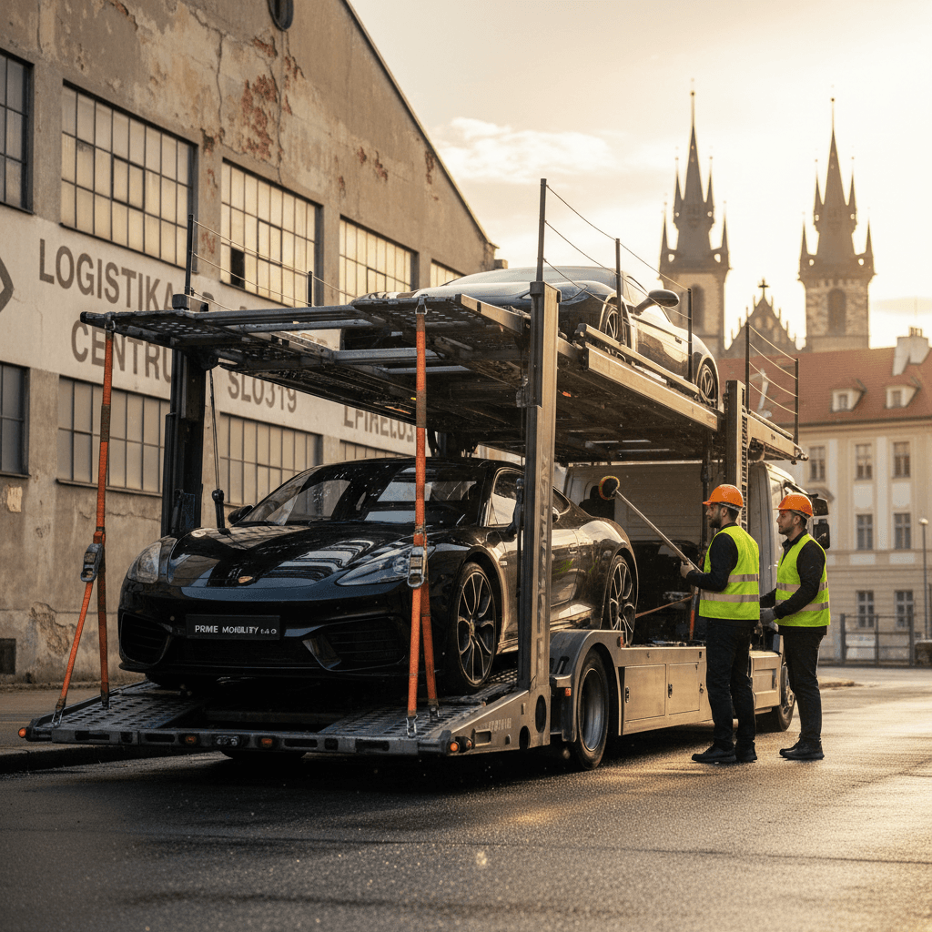 Vehicle being professionally loaded onto transport truck for logistics delivery
